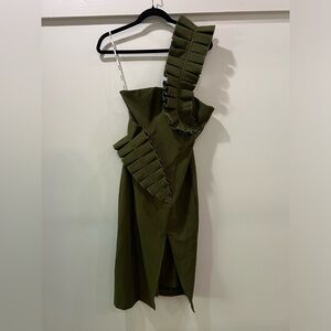 Andrea Iyamah Kamala Embellished Green One Shoulder Dress